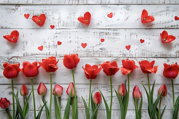 Foto tulpenbloem kleine harten op witte houten achtergrond kopieer ruimte