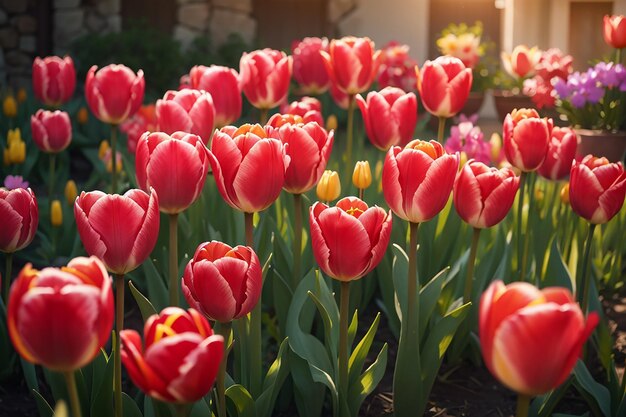 Tulpenbloemen bloeien in de tuin in de ochtend van de lente bloemen achtergrond