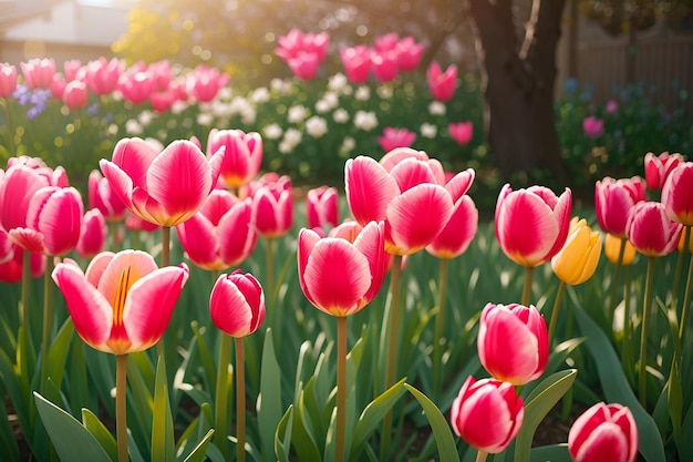 Tulpenbloemen bloeien in de tuin in de ochtend van de lente bloemen achtergrond