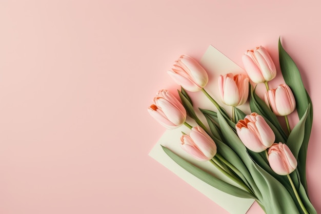 Tulpenbloemen voor Vrouwendag op vlakke ondergrond met tekstruimte.