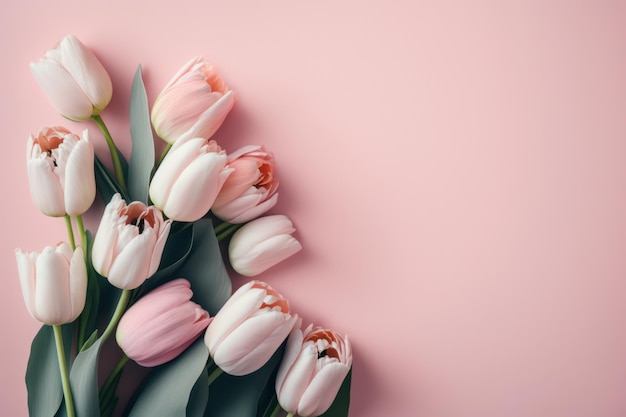 Tulpenbloemen voor Vrouwendag op vlakke ondergrond met tekstruimte.