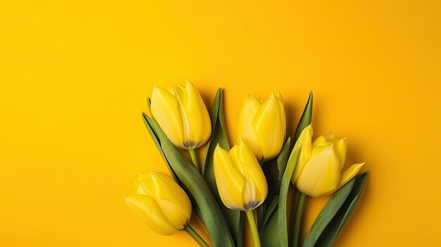 Tulpengrens met kopieerruimte op een gekleurde achtergrond Mooie framesamenstelling van lentebloemen Generatieve AI