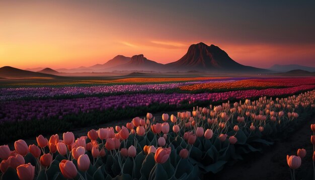 Tulpenveld bij zonsopgang in het voorjaar Generatieve AI