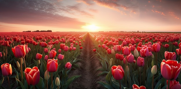 Tulpenveld op prachtig zonsonderganglandschap Generatieve AI