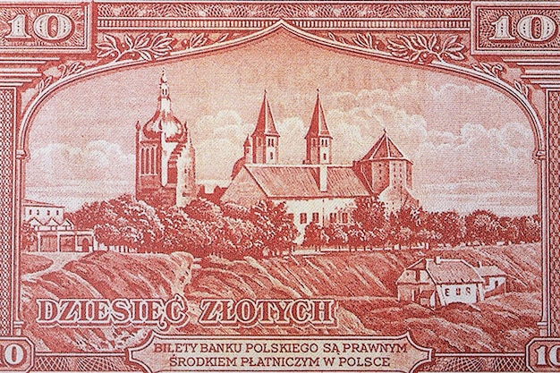 Tum Hill on the Vistula River in Plock from old Polish money