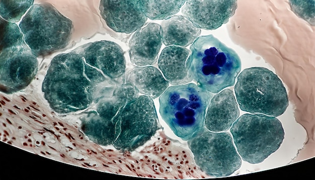 Photo tumour immunofluorescence ihc image aggressive metastatic melanoma tumor cells in green with blue nu...