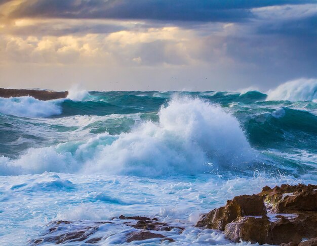 Tumultuous ocean waves amid a powerful storm