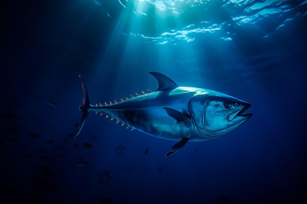 A tuna fish in the centre of a dark ocean Tuna in a big ocean AI generated