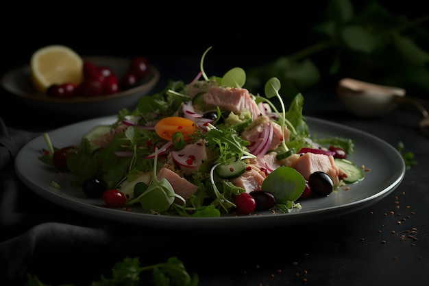 Photo tuna fish salad with lettuce cherry tomatoes cucumber and corn generative ai