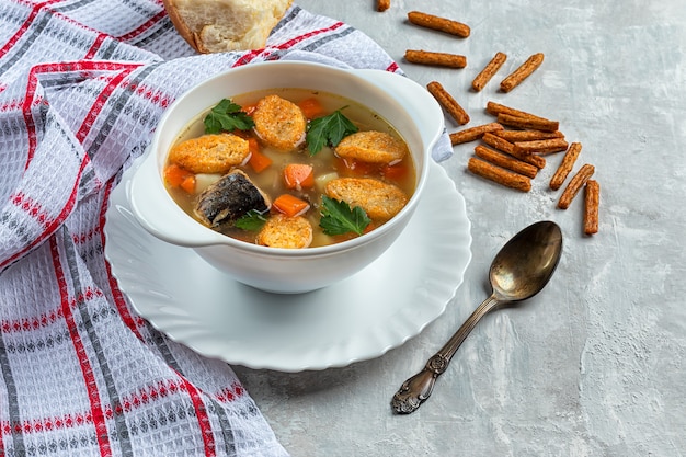 Tuna fish soup with potatoes and carrots, on a concrete background with greens and crackers