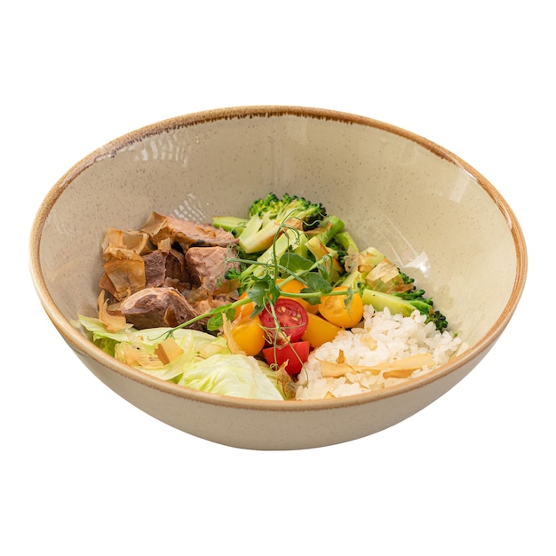 Tuna poke bowl with vegetables and rice