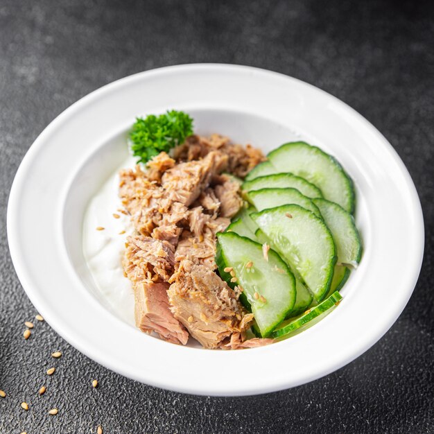 tuna salad, cucumber and yogurt or sour cream fresh delicious snack healthy meal food snack