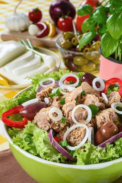 Tuna salad and tasty selection of vegetables.