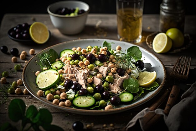 Tuna salad with chickpeas cucumber and black olives