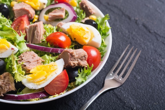 Tuna salad with tomatoes olives eggs and onion