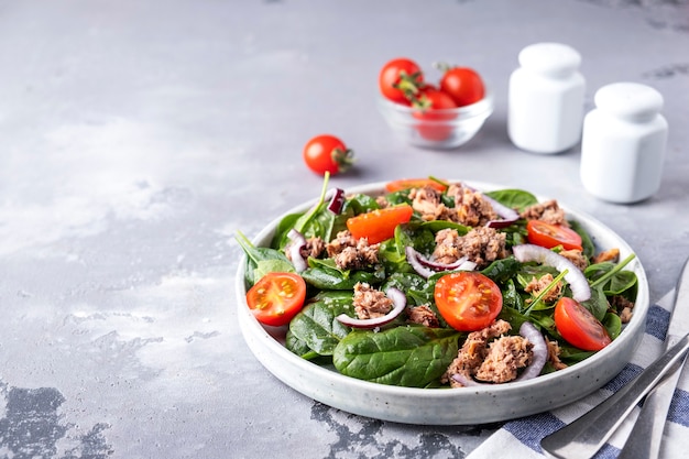 Tuna salad with tomatoes, red onion and spinach on a plate.