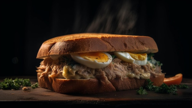 A tuna sandwich with eggs on a plate