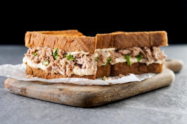 Tuna sandwich with mayo and vegetables on gray stone background