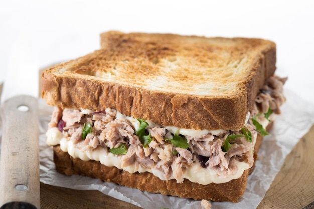 Tuna sandwich with mayo and vegetables on white marble