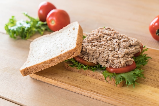 tuna sandwich on wood