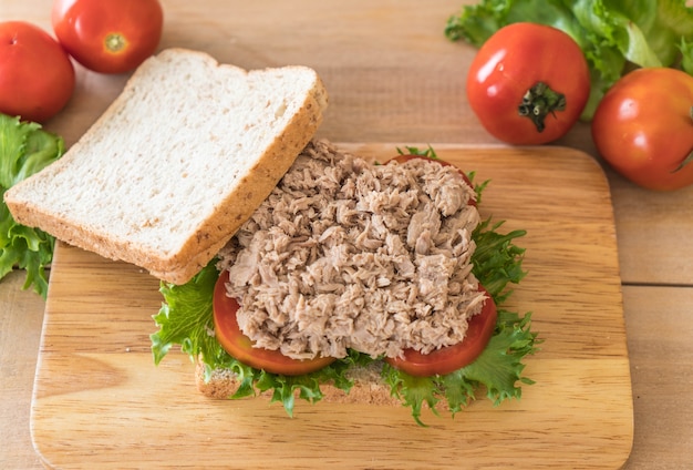 tuna sandwich on wood