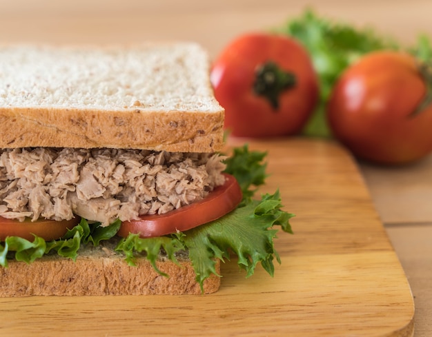 tuna sandwich on wood