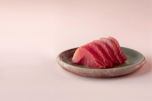 Tuna Sashimi in the plate Light pink color background side view Space for text