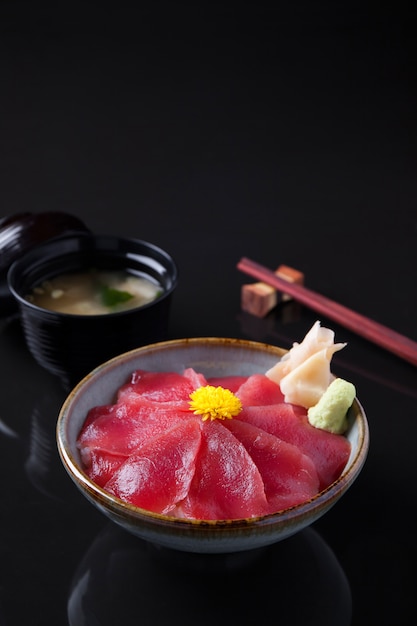 Tuna Sashimi Rice Bowl on a dark table