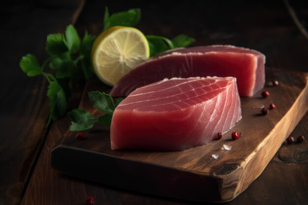 Tuna steak board Meat cooking raw Generate Ai