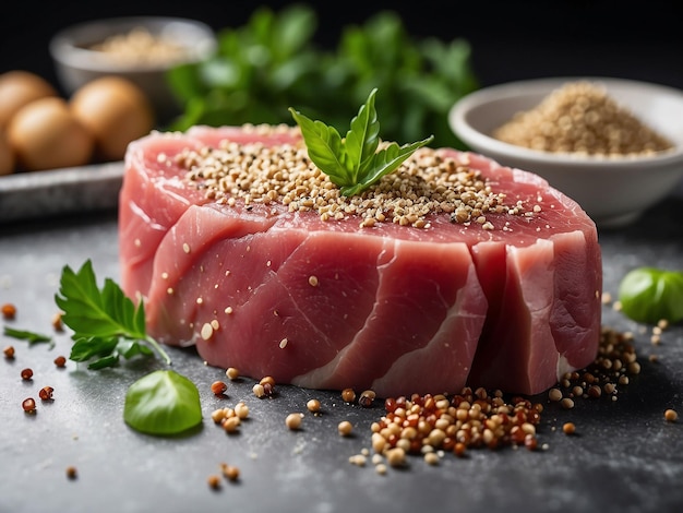 Photo tuna steak sprinkled with sesame seeds on marble countertop