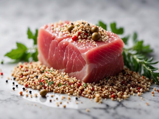 Tuna steak sprinkled with sesame seeds on marble countertop
