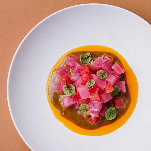 Tuna tartare with micro beetroot leaves