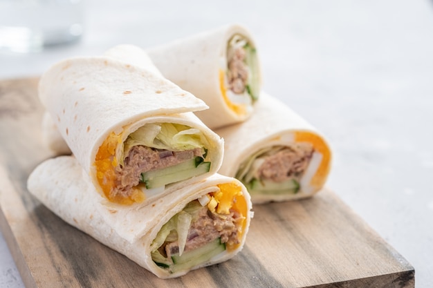 Tuna with egg and cucumber melt wrap