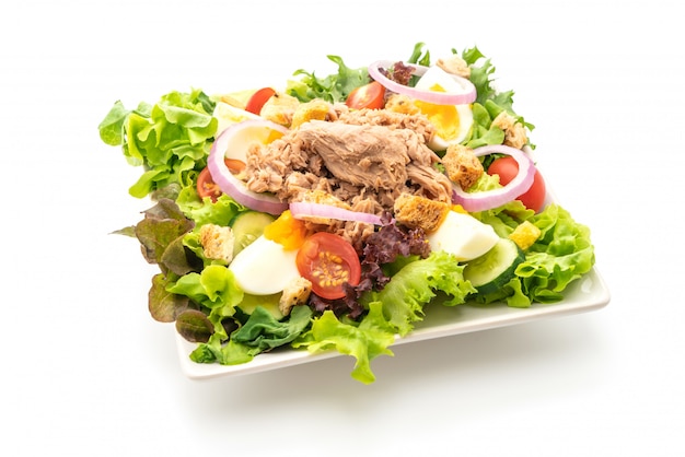 Tuna with vegetable salad and eggs - healthy food style