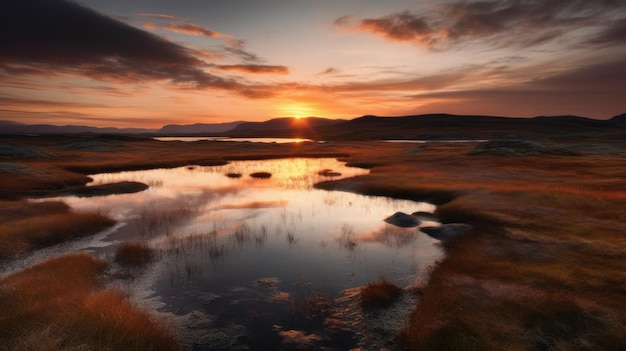 Tundra Lake Reflecting Stunning Sunset