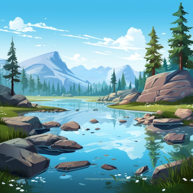 Tundra landschap in cartoon stijl met reflecterend water en bomen