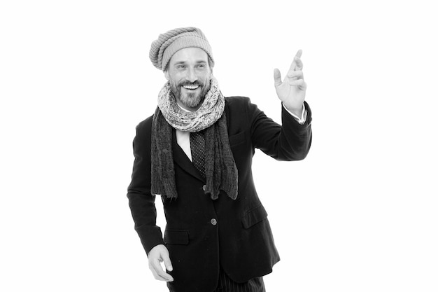 Tuned in fashion Fashion man isolated on white Happy mature man in autumn style Bearded man wear cozy fashion outfit Cold weather fashion