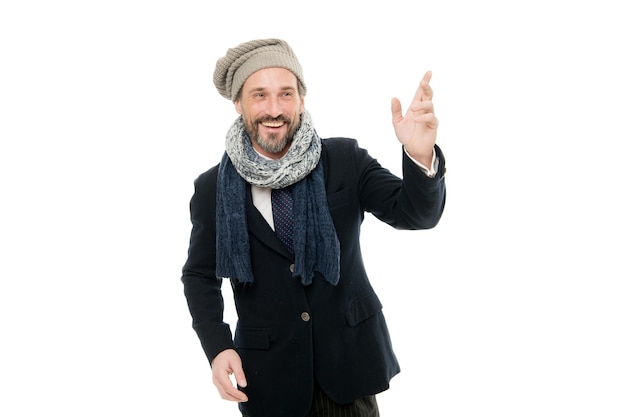 Tuned in fashion Fashion man isolated on white Happy mature man in autumn style Bearded man wear cozy fashion outfit Cold weather fashion