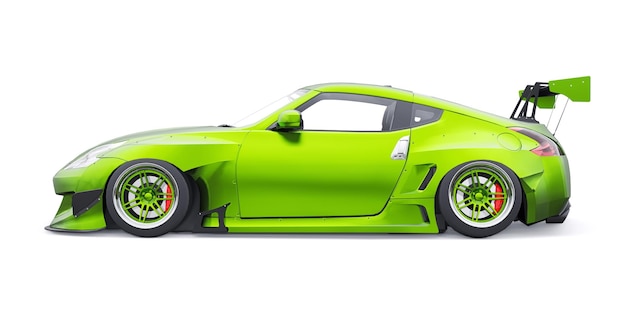 Photo tuned sports racing car with arch extensions air suspension and a huge spoiler 3d rendering