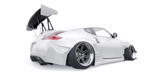 Tuned sports racing car with arch extensions air suspension and a huge spoiler 3d rendering