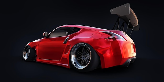 Tuned sports racing car with arch extensions air suspension and a huge spoiler 3d rendering