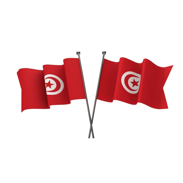 Tunesië vlaggen gekruist geïsoleerd op een witte achtergrond 3D Rendering