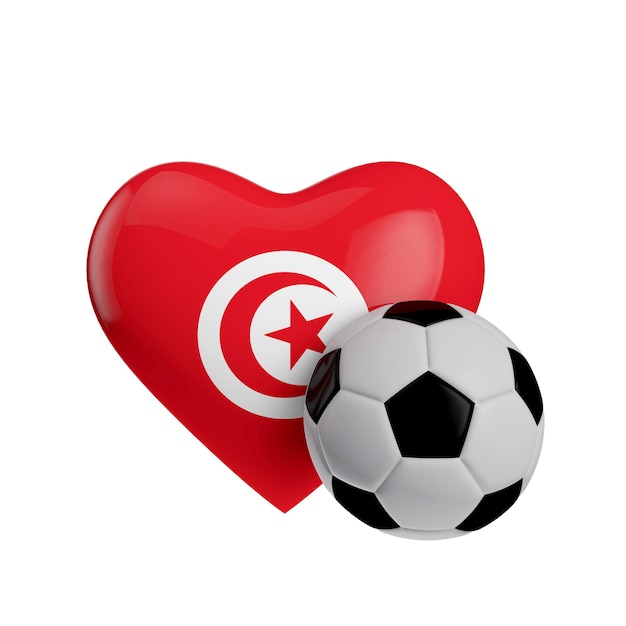 Tunisia flag heart shape with a soccer ball Love football 3D Rendering