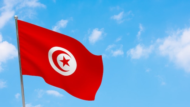 Tunisia flag on pole. blue sky. national flag of tunisia