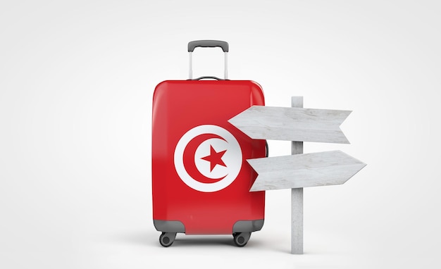 Tunisia flag travel suitcase with wooden guide signpost d render