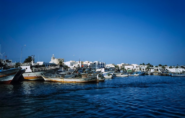 TUNISIA Mahdia wooden fishing boats in the port FILM SCAN