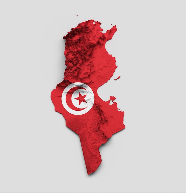 Tunisia Map Flag Shaded relief Color Height map on white Background 3d illustration