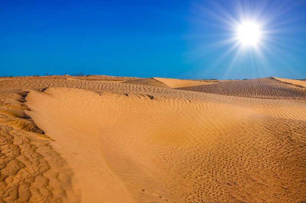 Tunisian desert landscape with blue sky dunes background