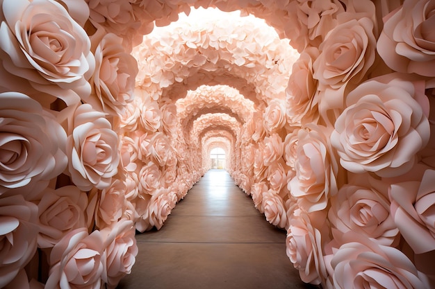 Foto immagine di sfondo del tunnel percorso di rose rosa