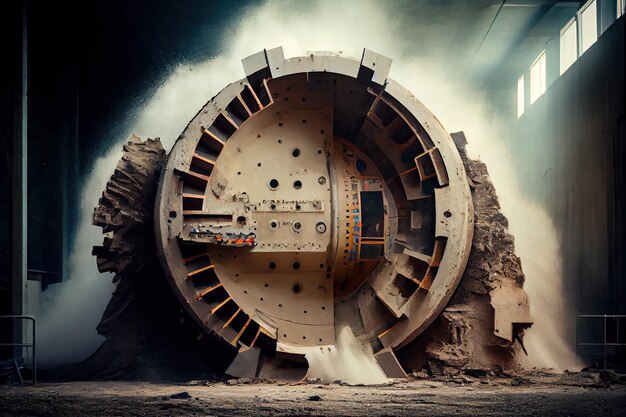 Tunnel boring machine breaking through a wall of concrete